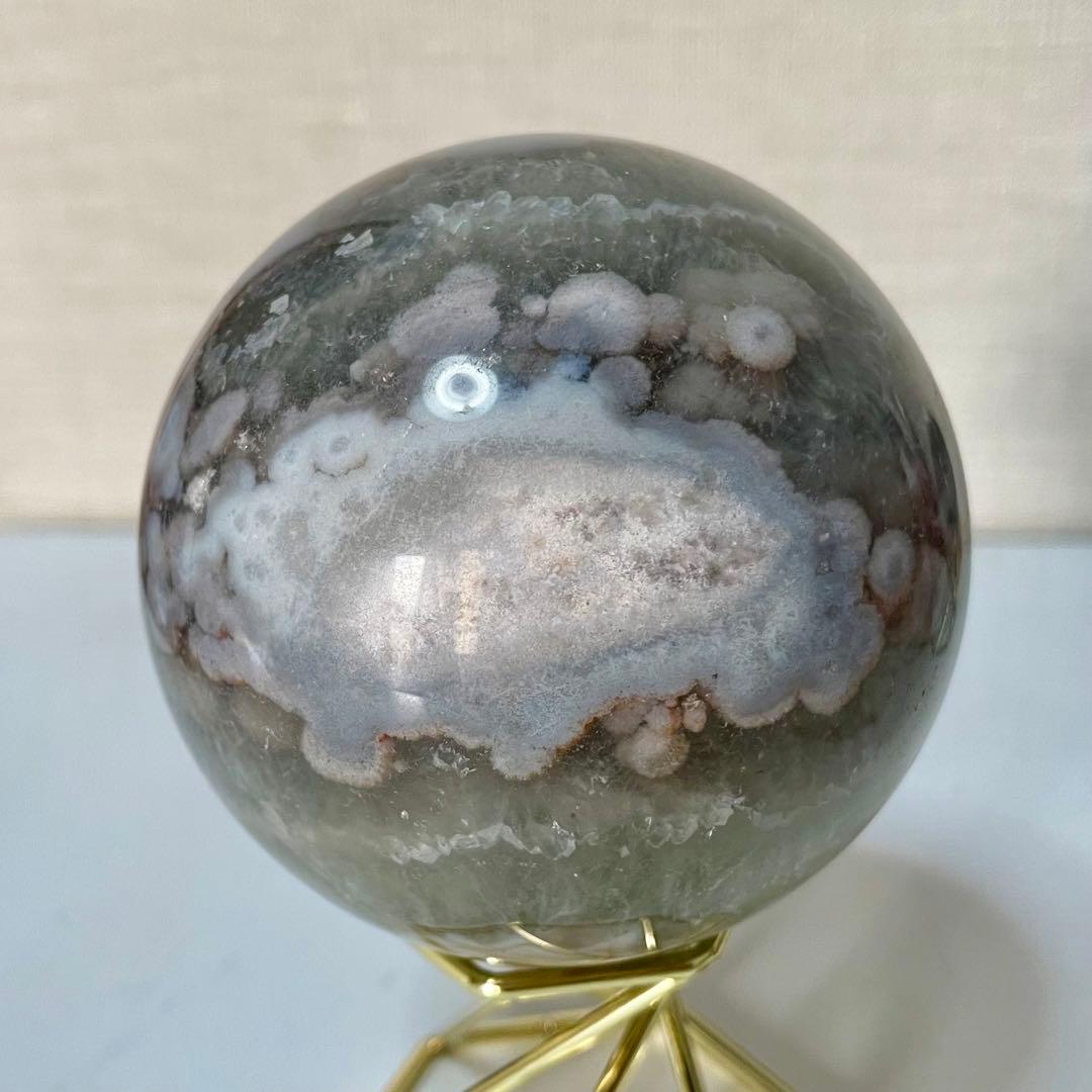 グリーンフラワーアゲート 辰砂入 クリスタル共生 水晶スフィア グリーン 結晶