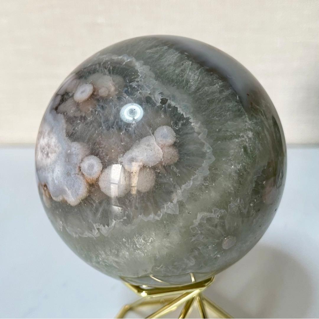 グリーンフラワーアゲート 辰砂入 クリスタル共生 水晶スフィア グリーン 結晶