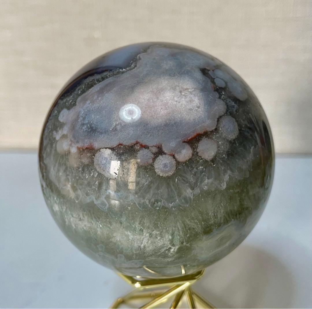 グリーンフラワーアゲート 辰砂入 クリスタル共生 水晶スフィア グリーン 結晶