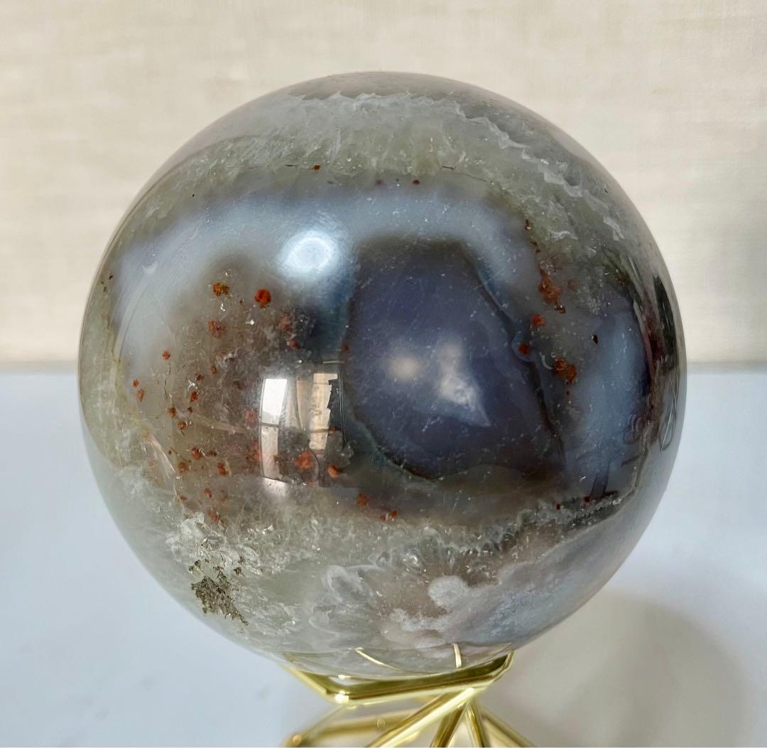 グリーンフラワーアゲート 辰砂入 クリスタル共生 水晶スフィア グリーン 結晶