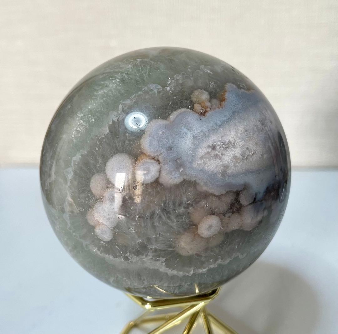 グリーンフラワーアゲート 辰砂入 クリスタル共生 水晶スフィア グリーン 結晶