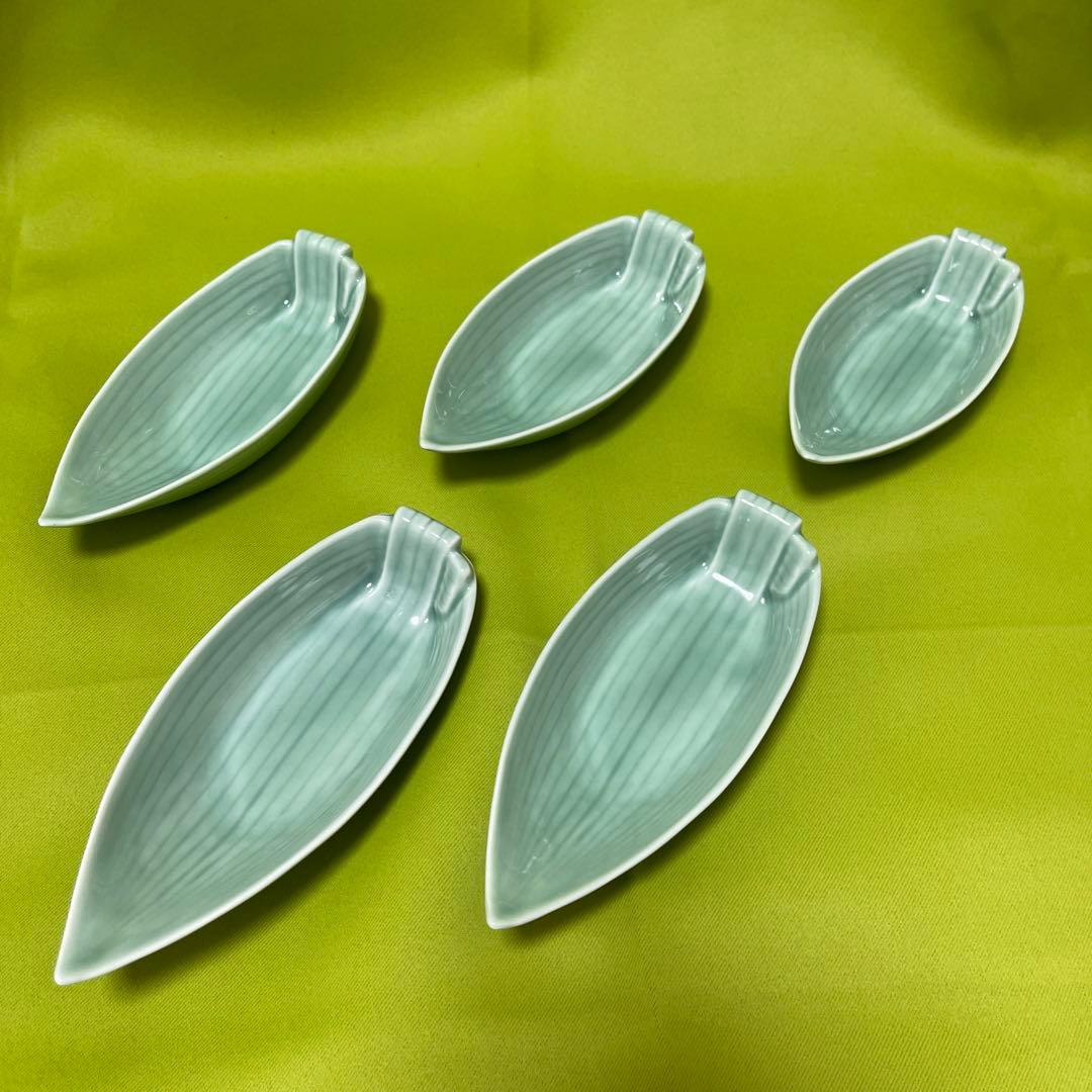 深川製磁　百年庵　笹青磁　笹舟取皿揃　５枚セット　小鉢　刺身皿