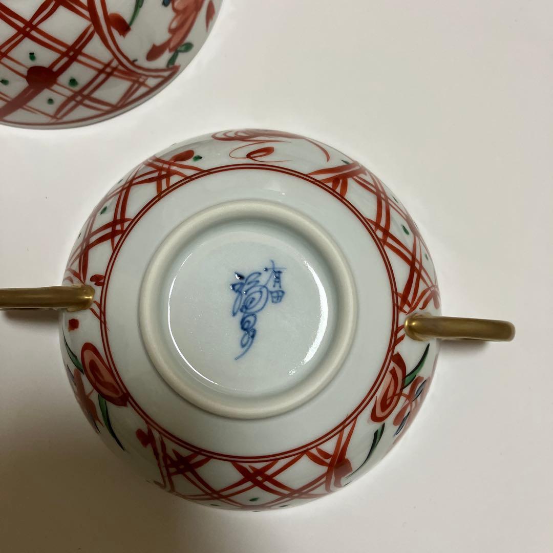 有田焼 福泉窯 手書き 赤絵 未使用 3客 スープカップ ソーサー