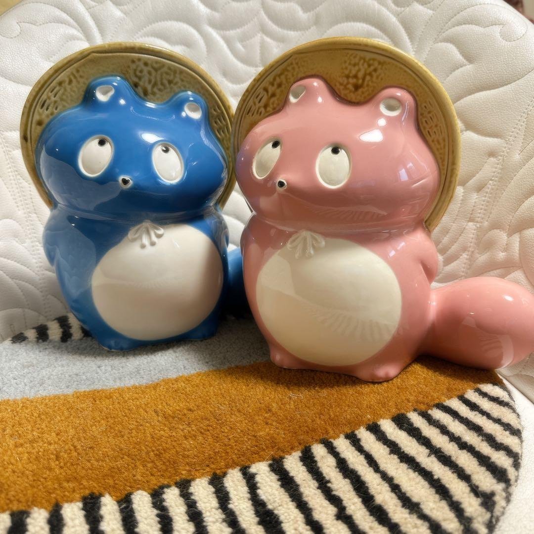 ヒダカナオト ぼんやり子だぬき 陶器 青色・さくらピンク　2個セット
