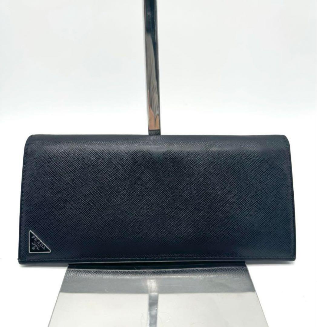 【美品】PRADAトライアングルロゴ 長財布 サフィアーノレザー ブラック