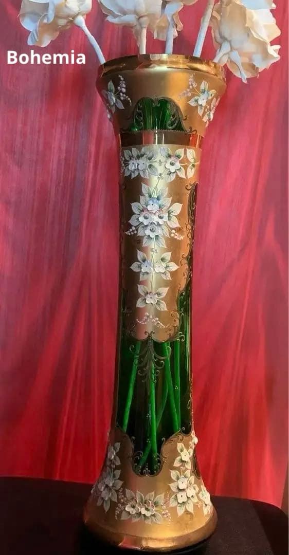 Bohemia ボヘミアングラス フラワーベース　花瓶　ロングタイプ　グリーン