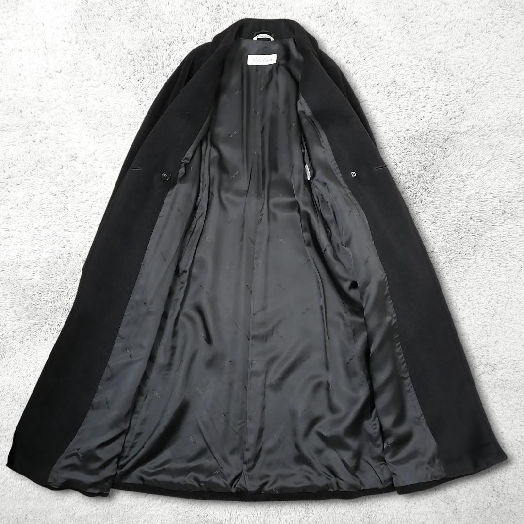 美品【マックスマーラ】カシミヤ混 ベルテッドコート ダブル 36 黒 ロング丈