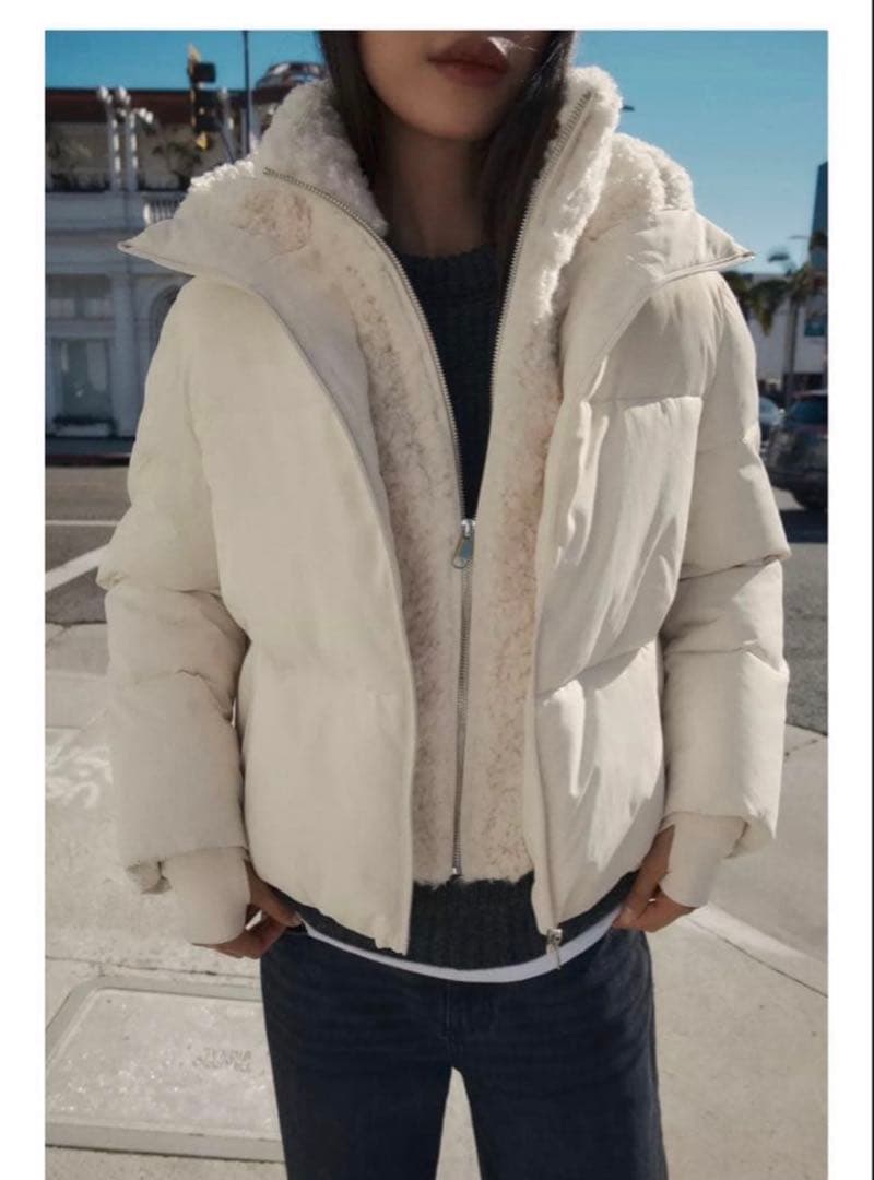 ZARA フェイクシープスキンフード付き撥水ウィンドブレーカーアノラック S