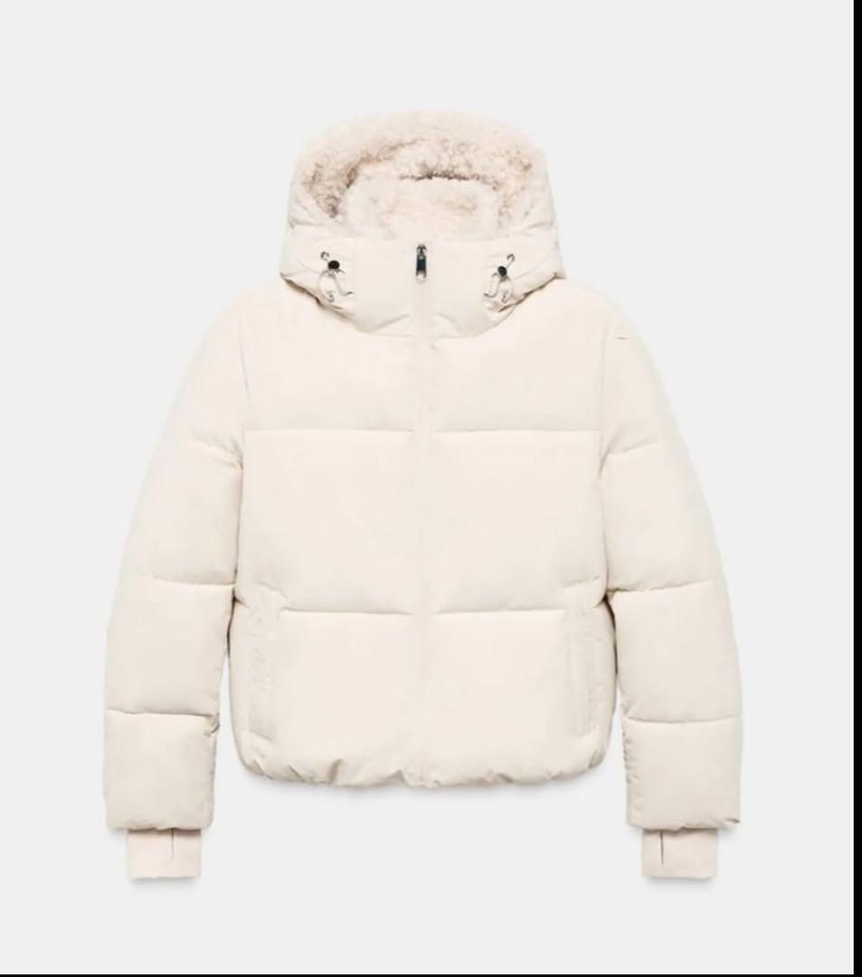 ZARA フェイクシープスキンフード付き撥水ウィンドブレーカーアノラック S