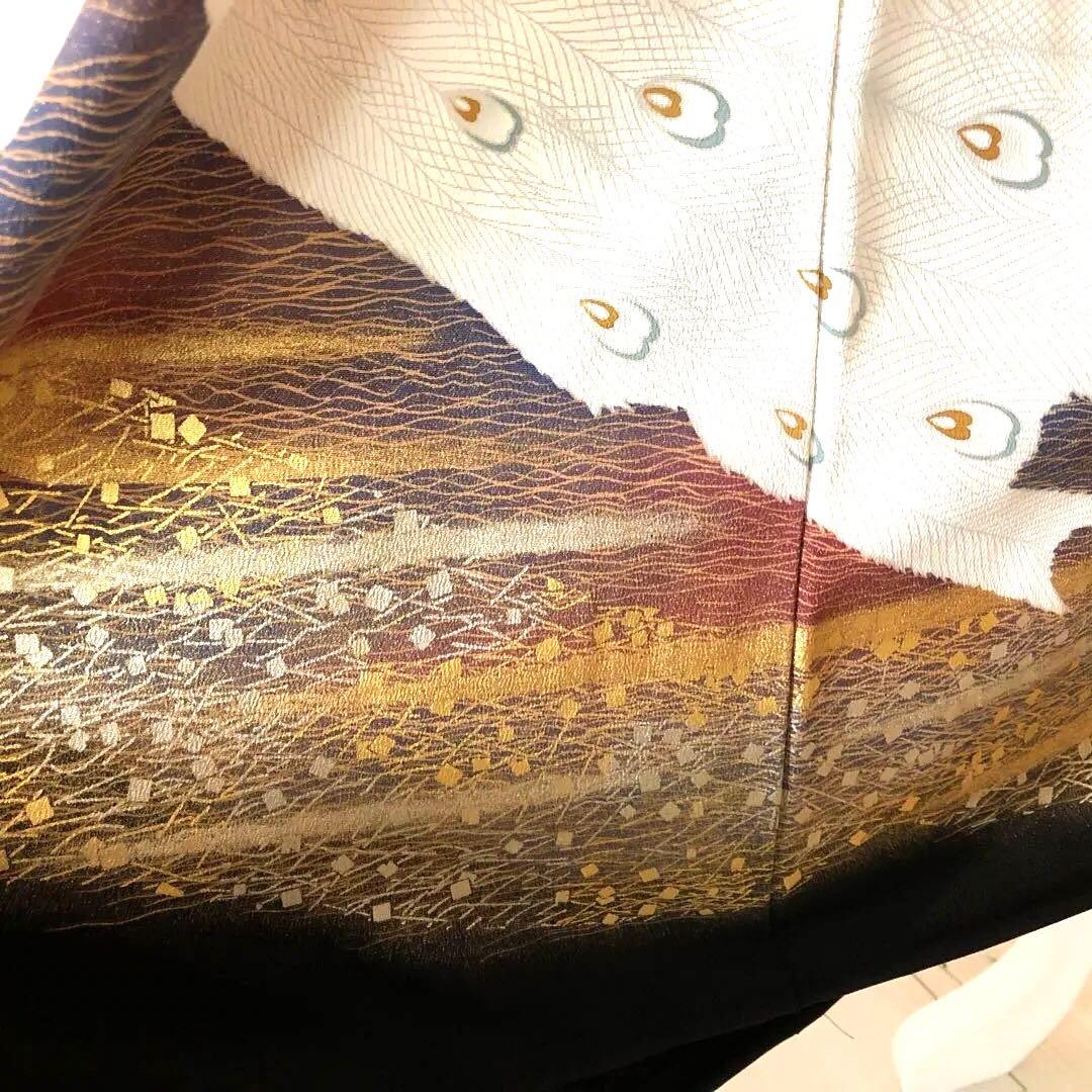 黒留リメイクワンピースドレス　作家もの　孔雀の刺繍と金糸柄　130㎝丈詰め不可