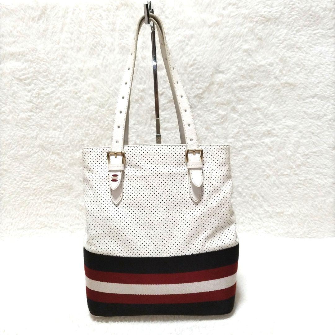 【美品】BALLY ストライプ ゴールド金具 パンチングレザー トートバッグ