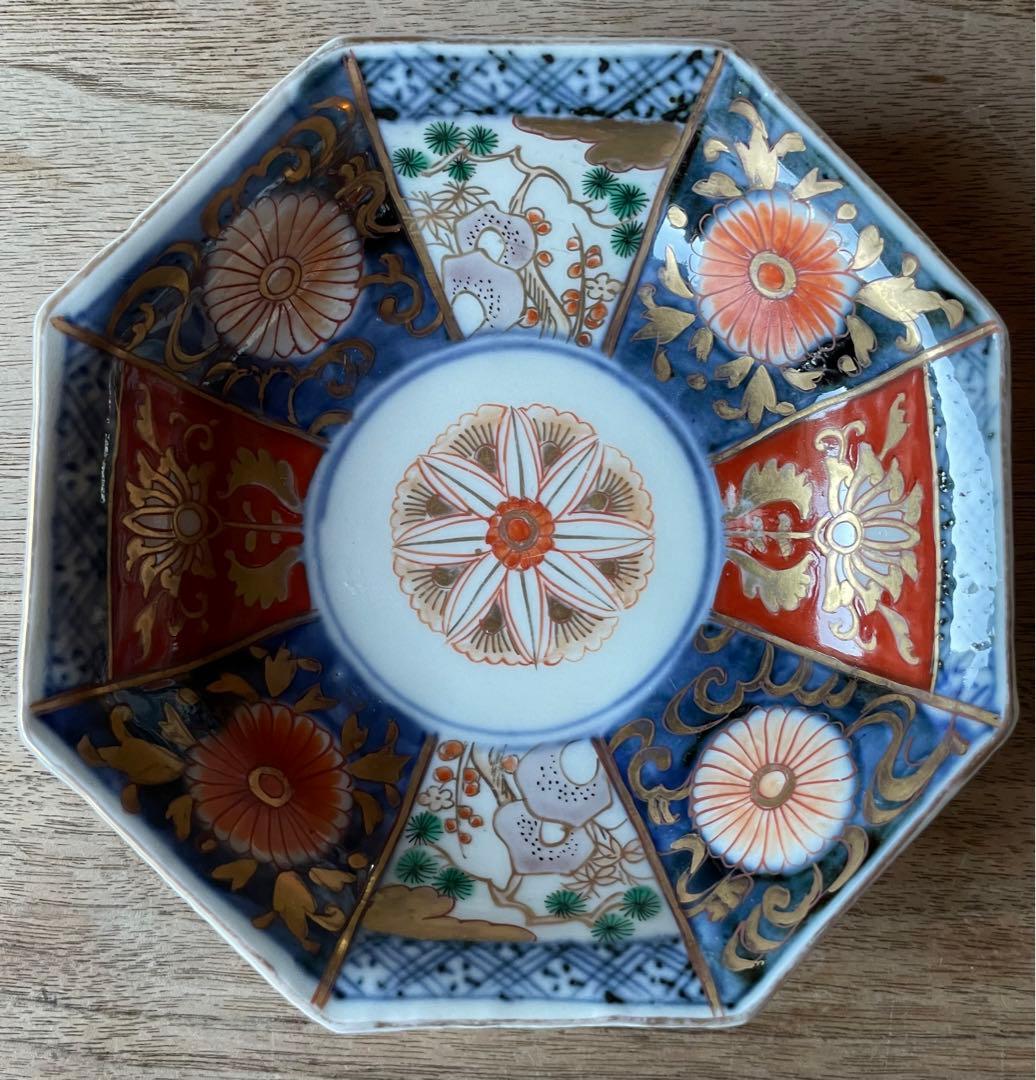 骨董　明治前期　色絵　松竹梅と菊図　八角　小皿　4寸　バラ売り可◎