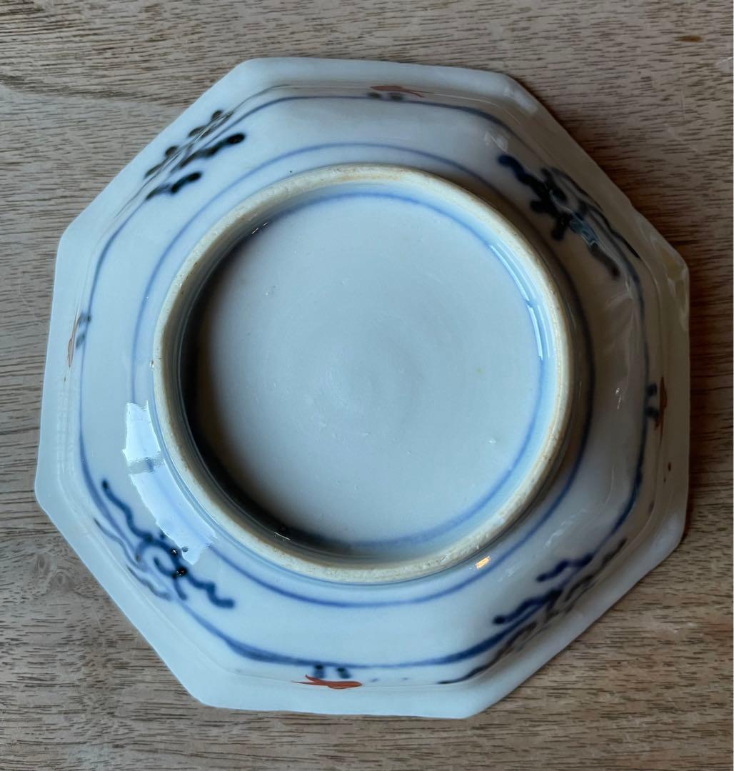 骨董　明治前期　色絵　松竹梅と菊図　八角　小皿　4寸　バラ売り可◎