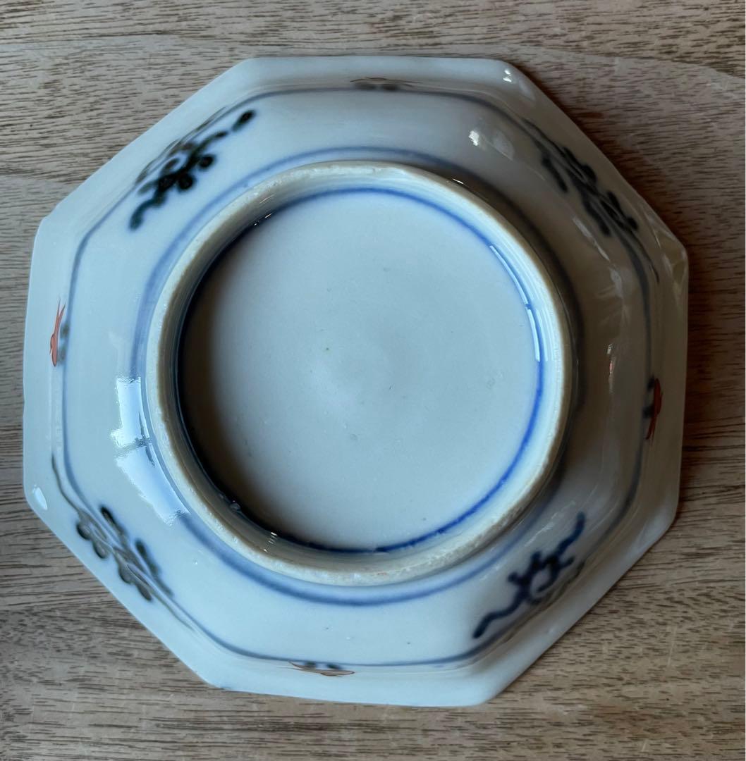 骨董　明治前期　色絵　松竹梅と菊図　八角　小皿　4寸　バラ売り可◎