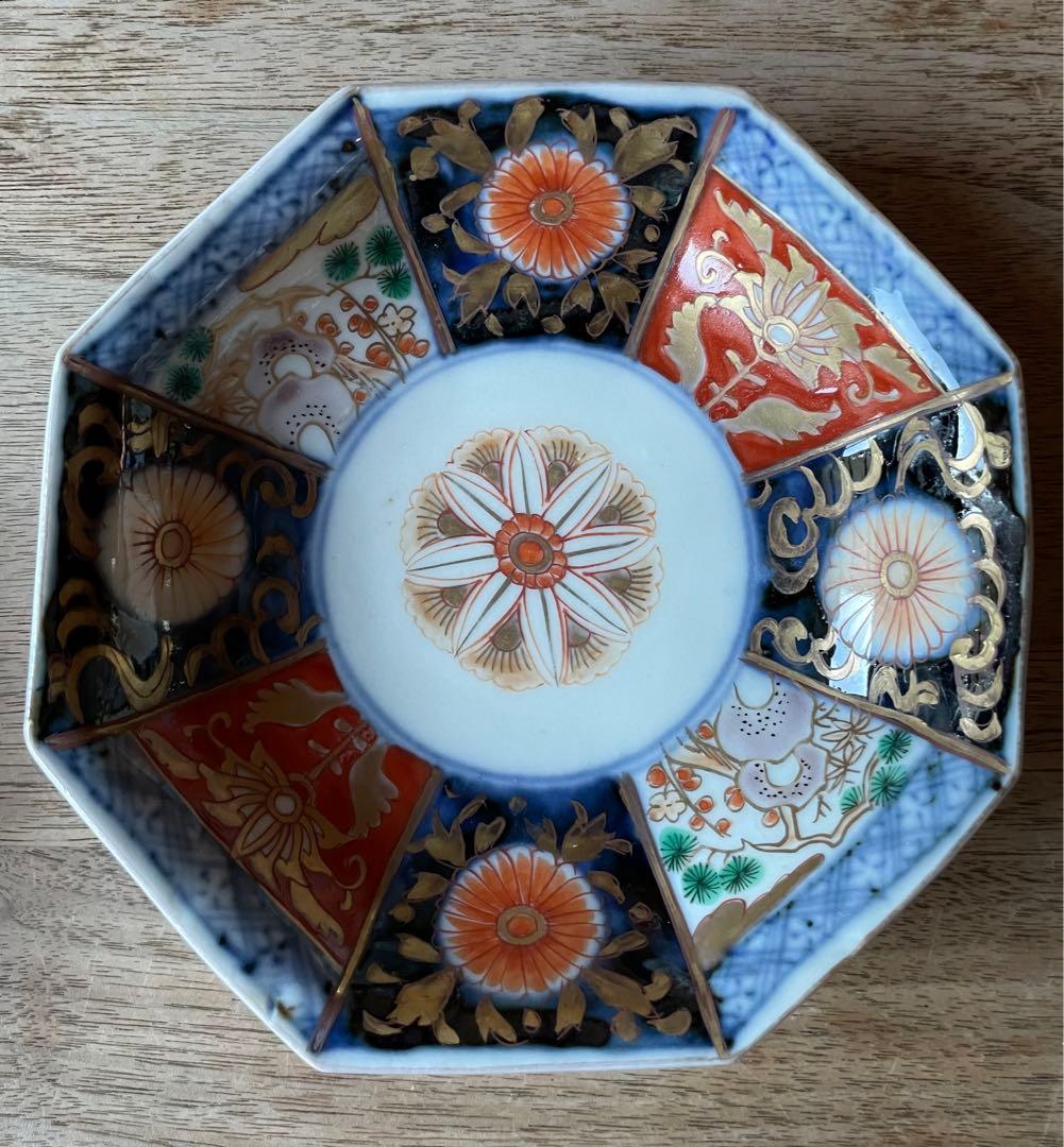 骨董　明治前期　色絵　松竹梅と菊図　八角　小皿　4寸　バラ売り可◎