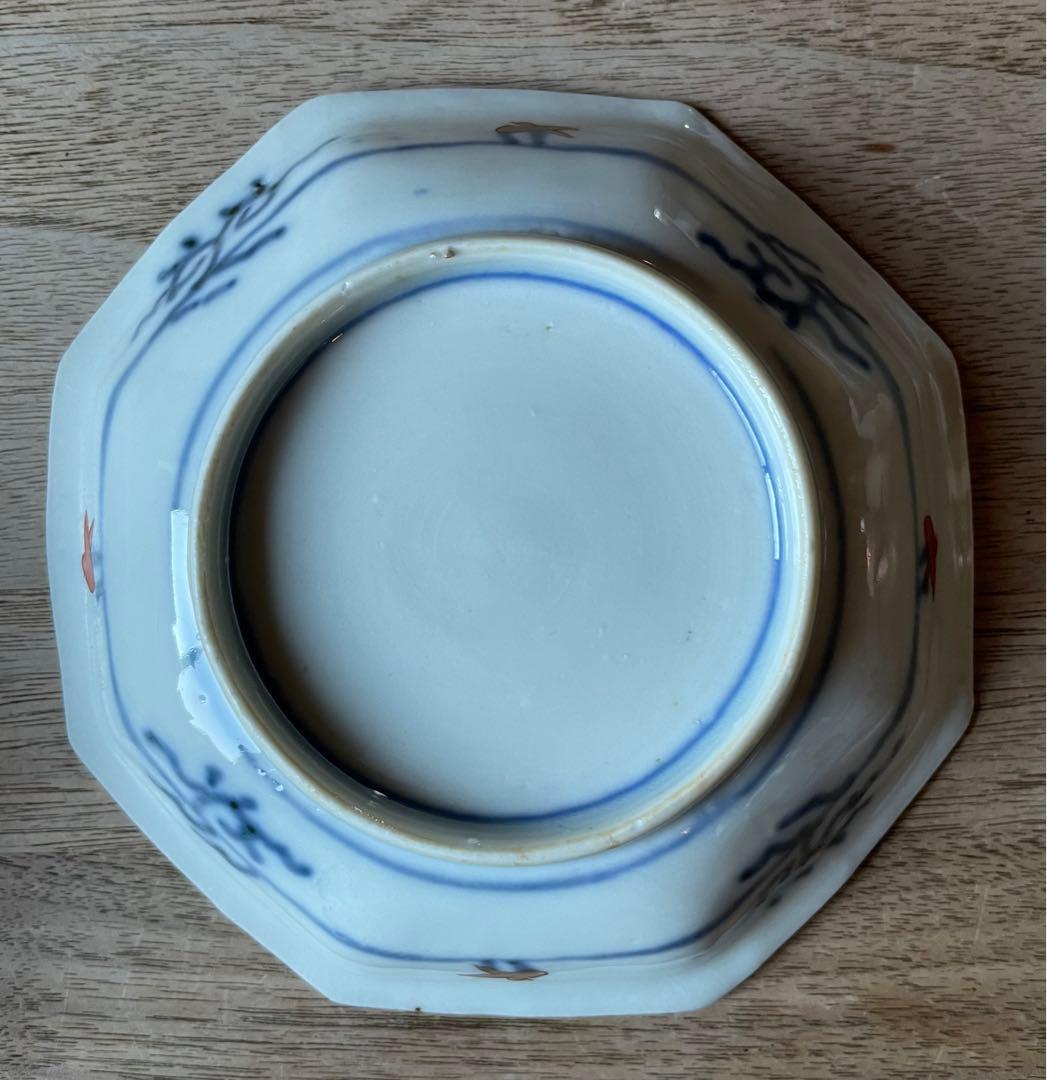 骨董　明治前期　色絵　松竹梅と菊図　八角　小皿　4寸　バラ売り可◎