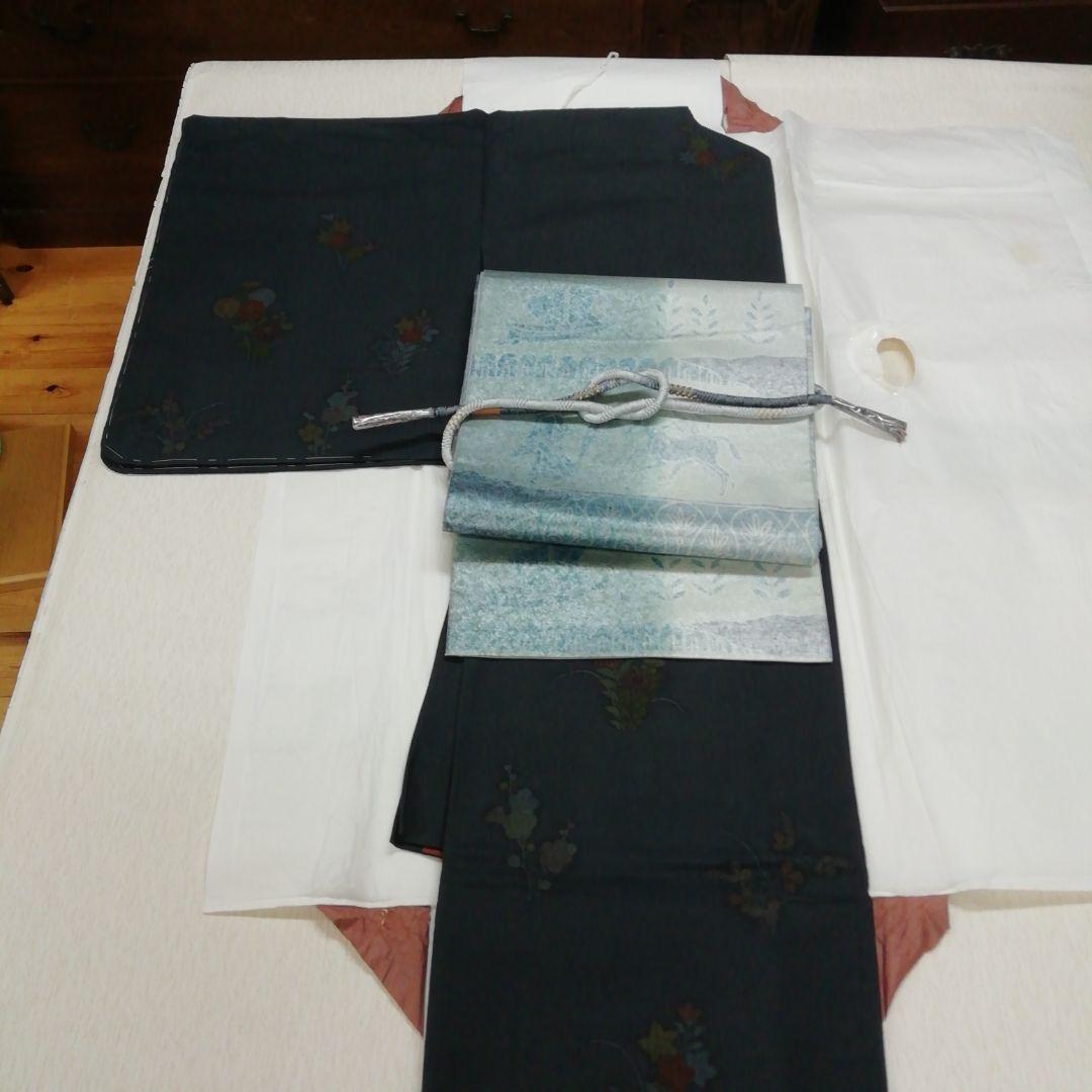 ❮未使用❯結城紬付け下げ▪限りなく紺色に近いグリーン地に小花模様肩身丈162.5