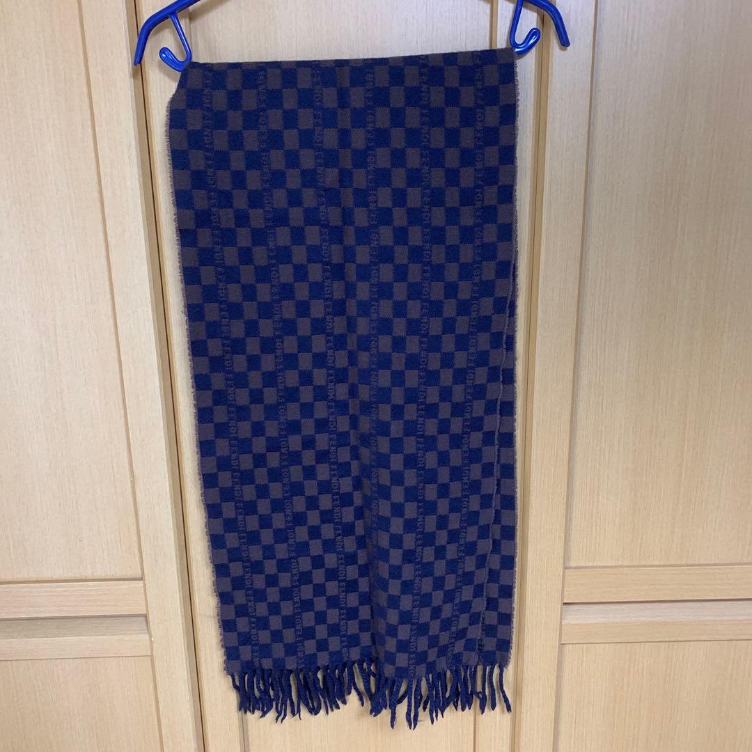 【美品】FENDIフェンディマフラーチェッカー柄 ウールマフラーストールショール