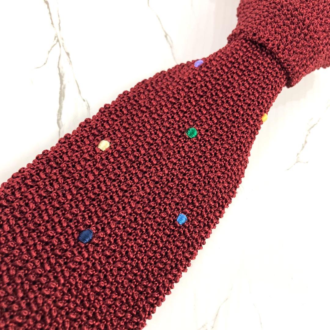 美品　エルメス　ネクタイ　ニットタイ　マルチドット　スクエアエンド　ボルドー