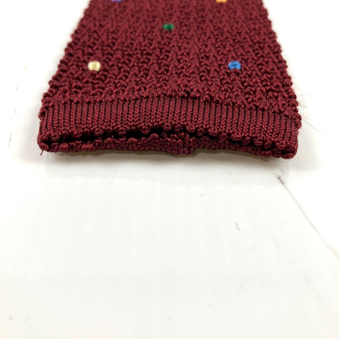 美品　エルメス　ネクタイ　ニットタイ　マルチドット　スクエアエンド　ボルドー