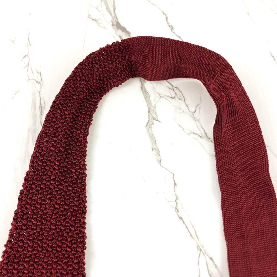美品　エルメス　ネクタイ　ニットタイ　マルチドット　スクエアエンド　ボルドー