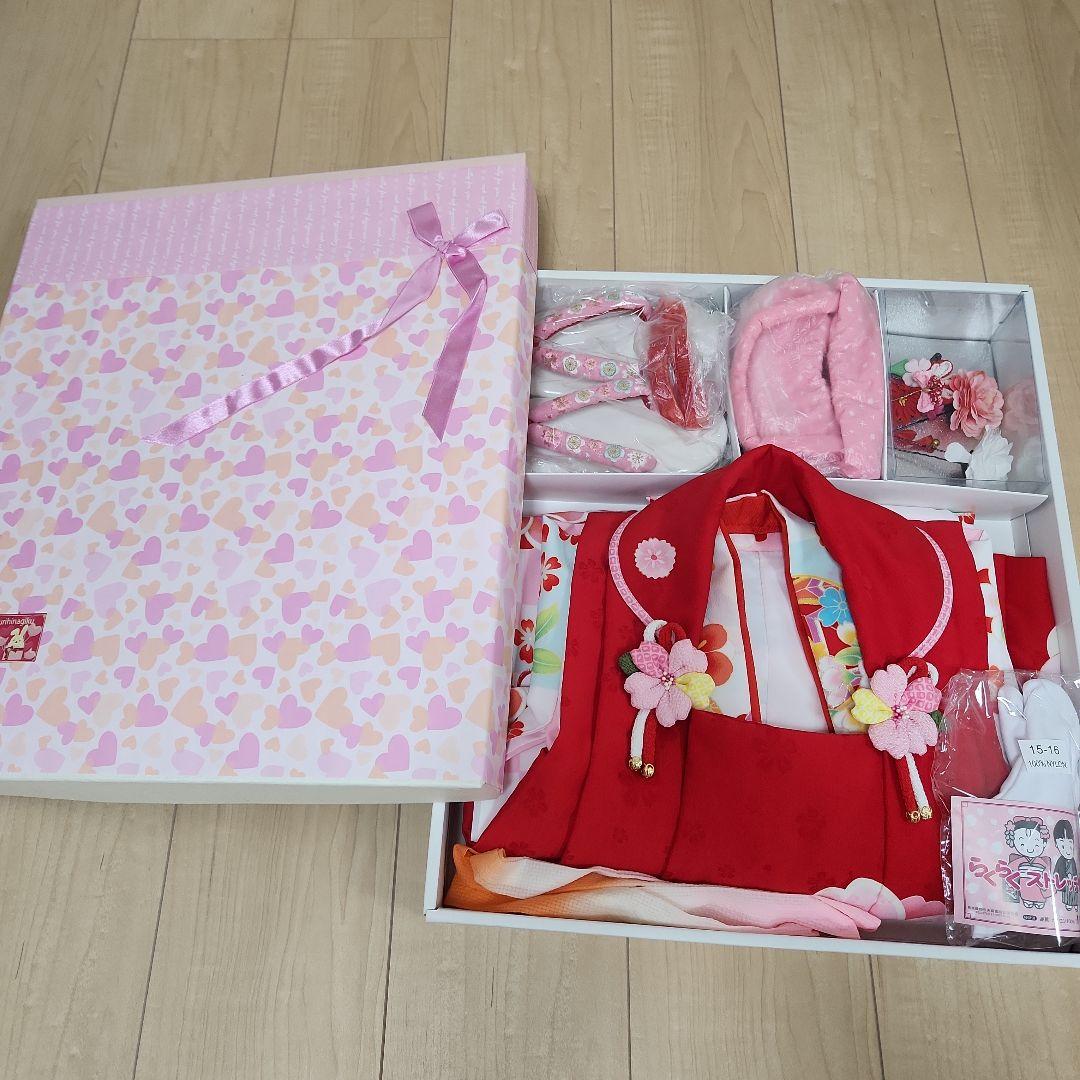 七五三 フルセット　女の子　着物　被布　セット 赤とピンク 花柄　さくら　3歳
