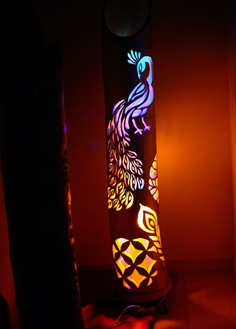 竹灯籠　シルバー　〜〜孔雀〜〜　　揺らぎ炎の灯り　コンセント・電池式両方可