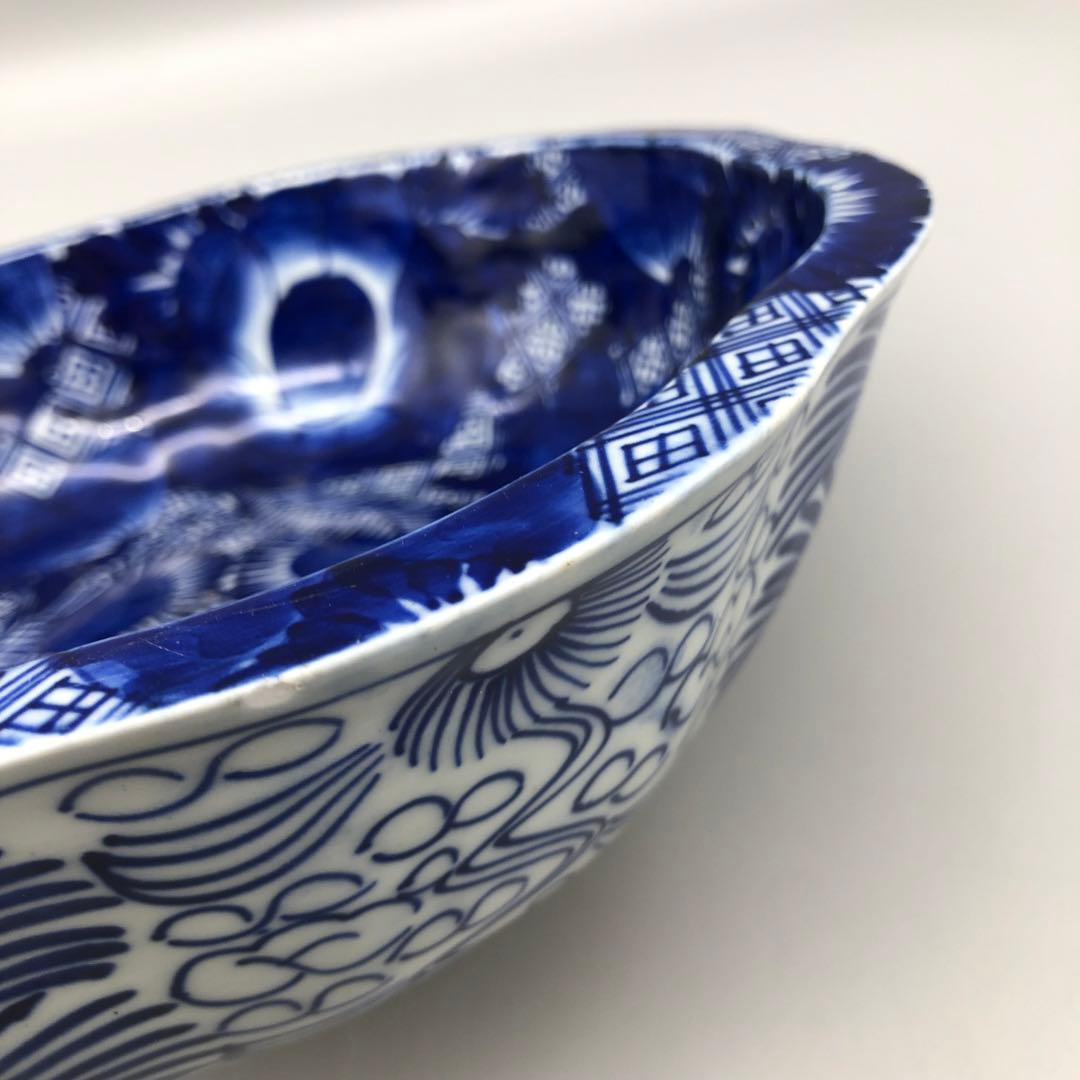明治時代古伊万里幾何学模様ベロ藍印判手中押し鉢ボウル27cm伊万里焼骨董品