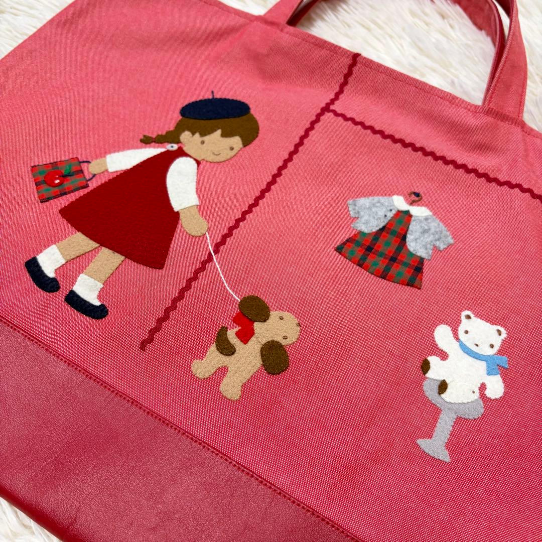 希少✨大人気！familiar デニムバッグ　レッド系　手刺繍