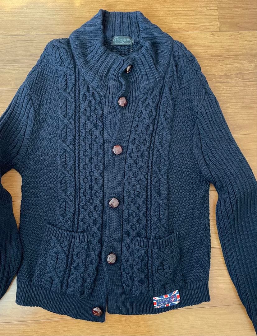 peregrineペレグリン ネイビー ケーブル編み 古着カーディガン　メンズL