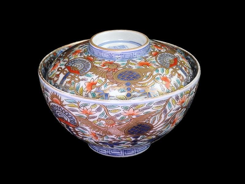 古伊万里　金襴手　鳳凰に宝珠　花唐草の図　蓋茶碗　E878AS-DCo