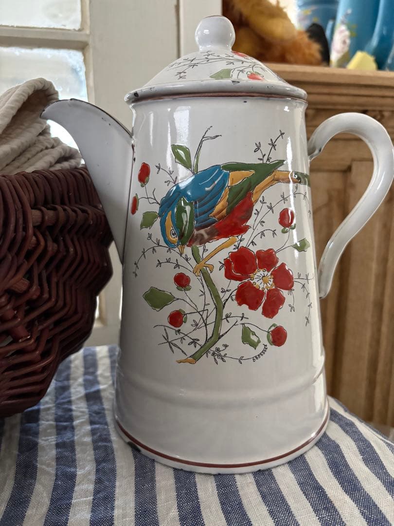 フランスアンティーク ホーロー 花と鳥の絵