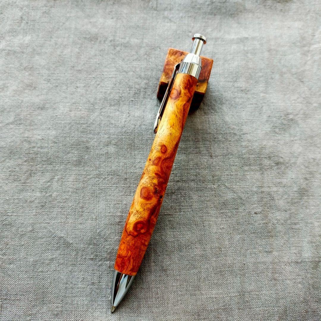 花梨瘤紅白　ハンドメイド　木軸シャープペン　0.5mm　天然木　シルバー