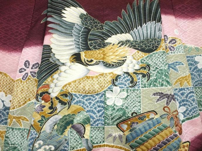 七五三・祝い着に ◇赤紫色系　鷹◇3歳男の子着物・羽織・袴セット6042【中古】