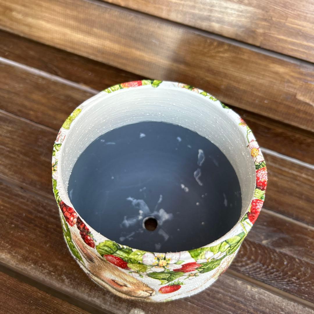 Yoさまご購入済　4号ふっくら丸鉢 白色たまごを抱いたうさぎさん といちご