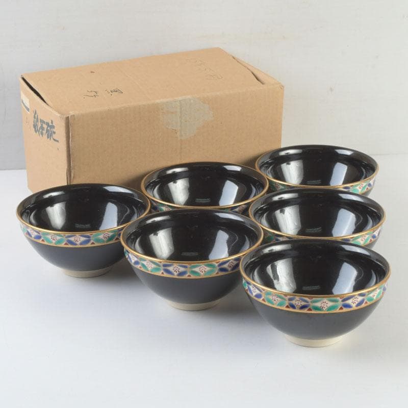 茶道具　京焼　平安　紫雲造　色絵　黒仁清七宝文　数茶碗　六客　V　9471
