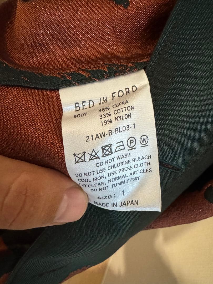 BED J.W. FORD 長袖シャツ 黒とオレンジの葉柄　サイズ1