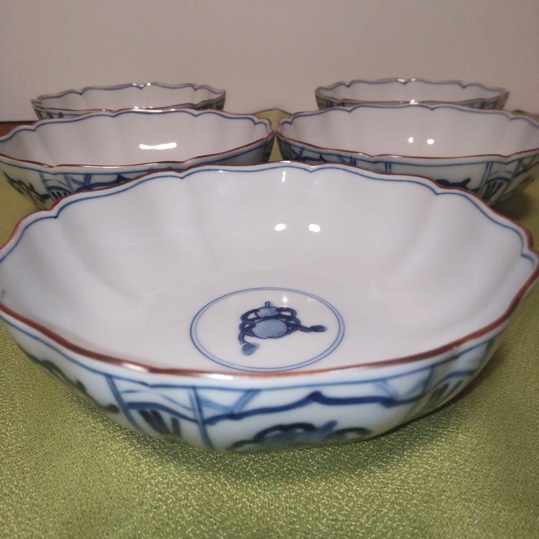 九谷焼　香祥窯　染付　宝尽くし 小鉢 中皿　 八角皿 輪花 手描き 未使用品