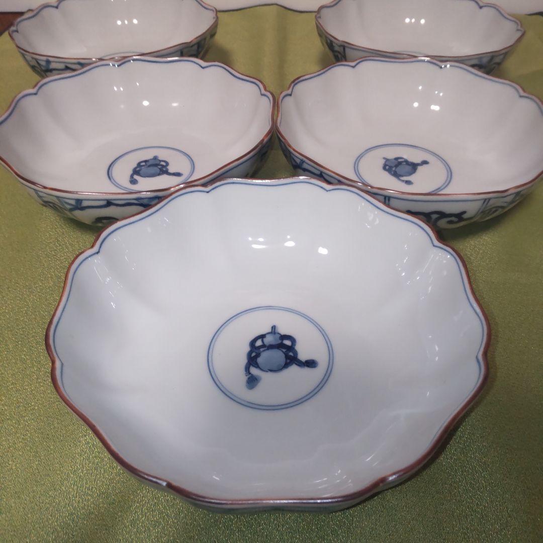 九谷焼　香祥窯　染付　宝尽くし 小鉢 中皿　 八角皿 輪花 手描き 未使用品