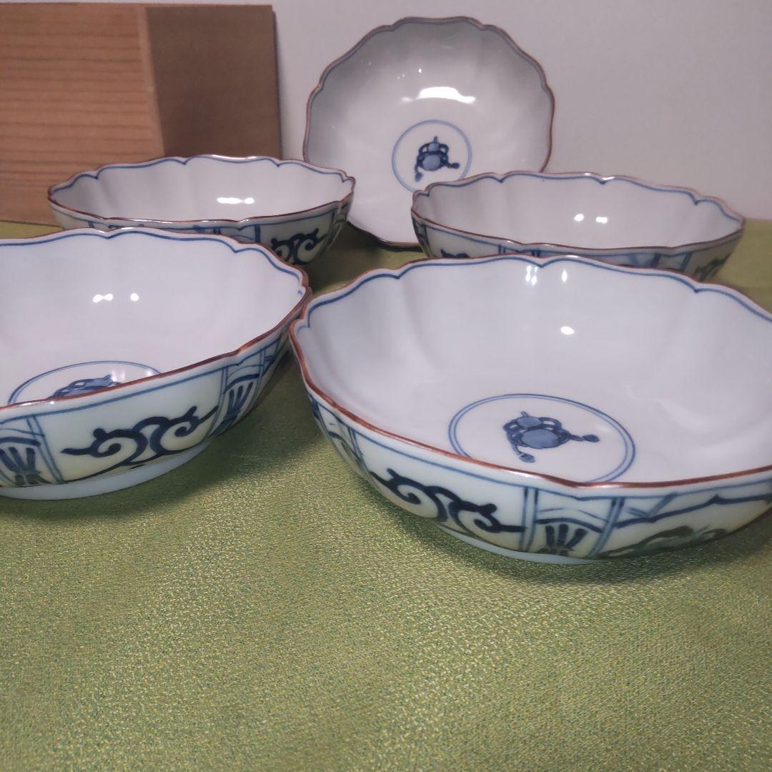 九谷焼　香祥窯　染付　宝尽くし 小鉢 中皿　 八角皿 輪花 手描き 未使用品