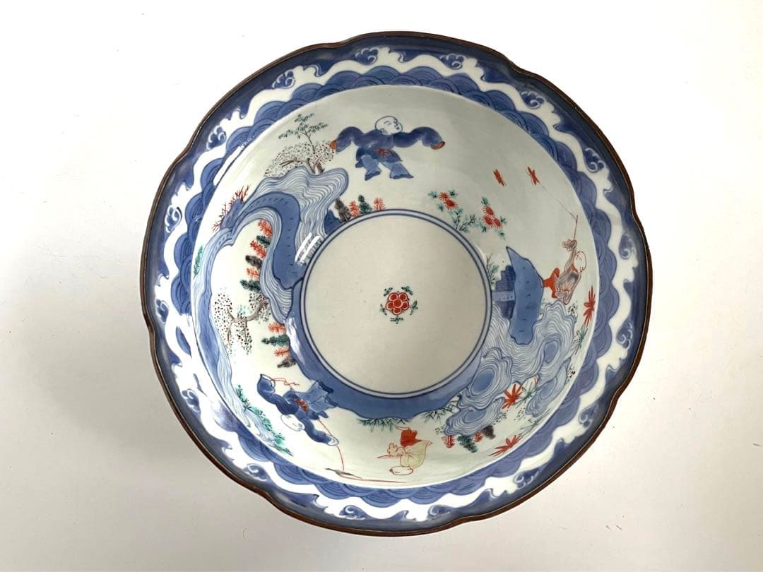 骨董　アンティーク　柿右衛門　色絵　染錦　唐子遊戯図　輪花鉢　深鉢　鉢　古伊万里