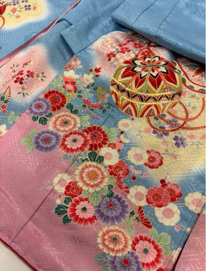 七五三　3歳女の子　新品　着物２点セット　人気の水色　ピンク　手鞠　桜　日本製