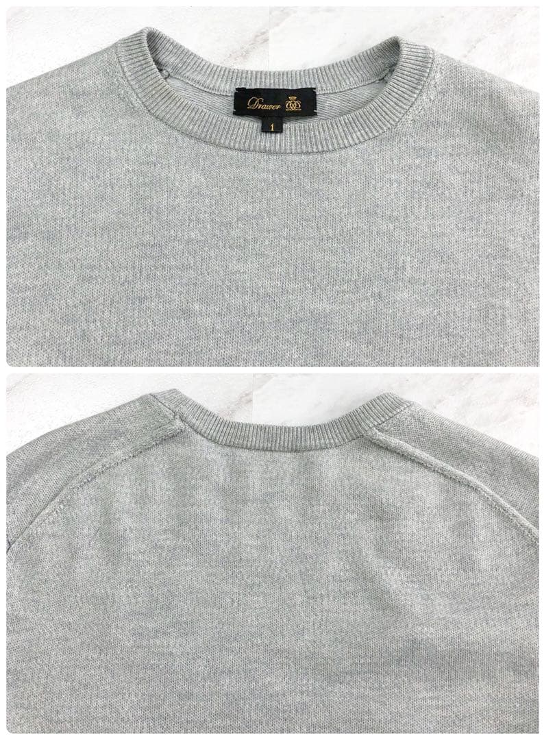【美品】Drawer 12G インレイ編み クルーネックニット ロゴ グレー 1