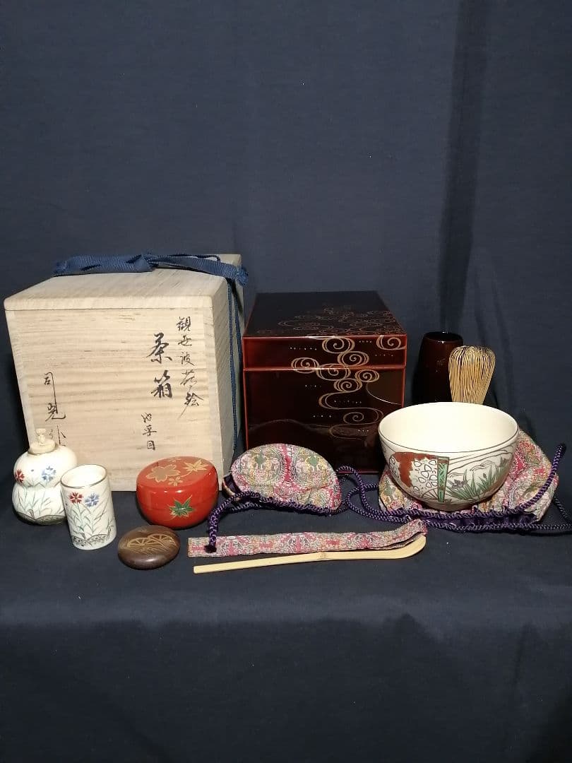 【茶道具】観世波花ノ絵茶箱　司光作 茶道具セット付属　茶箱85
