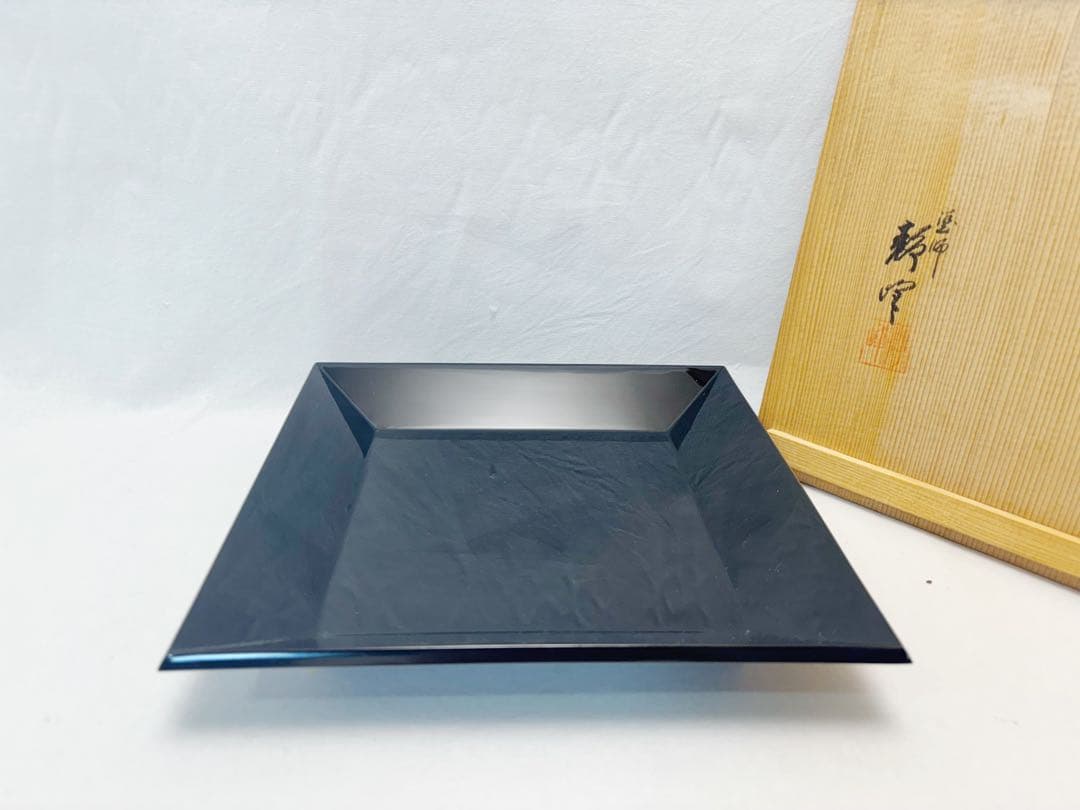 未使用 茶道具 塗師 静峰作 輪島塗 木製黒真塗 四方盆 干菓子器 共箱