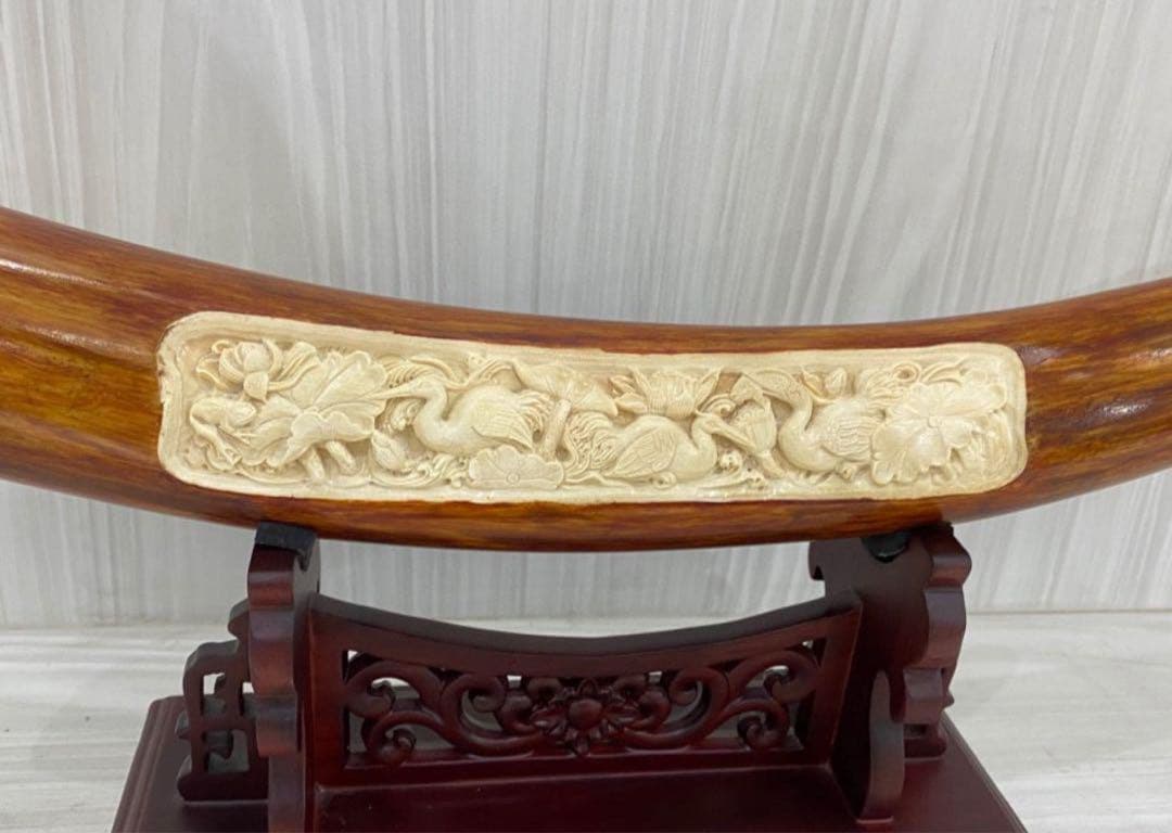 天然マンモス牙美しい手作り彫刻一鷺蓮昇 置物