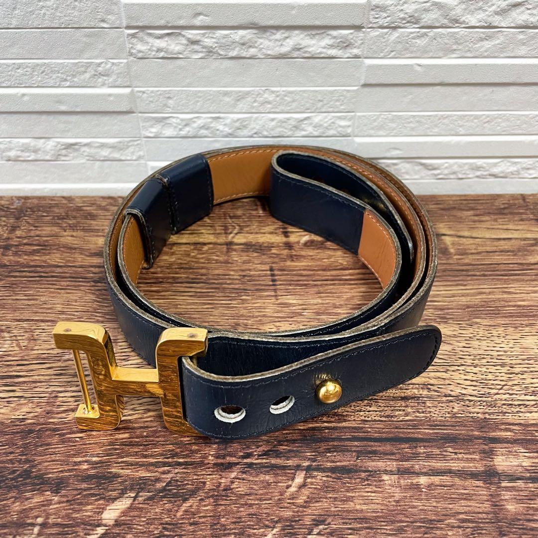エルメス レザー Hバックル ゴールド 金具 ベルト ネイビー ブラウン.