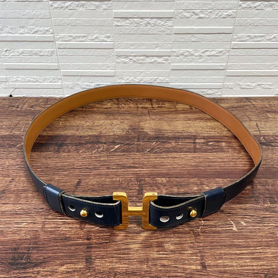 エルメス レザー Hバックル ゴールド 金具 ベルト ネイビー ブラウン.