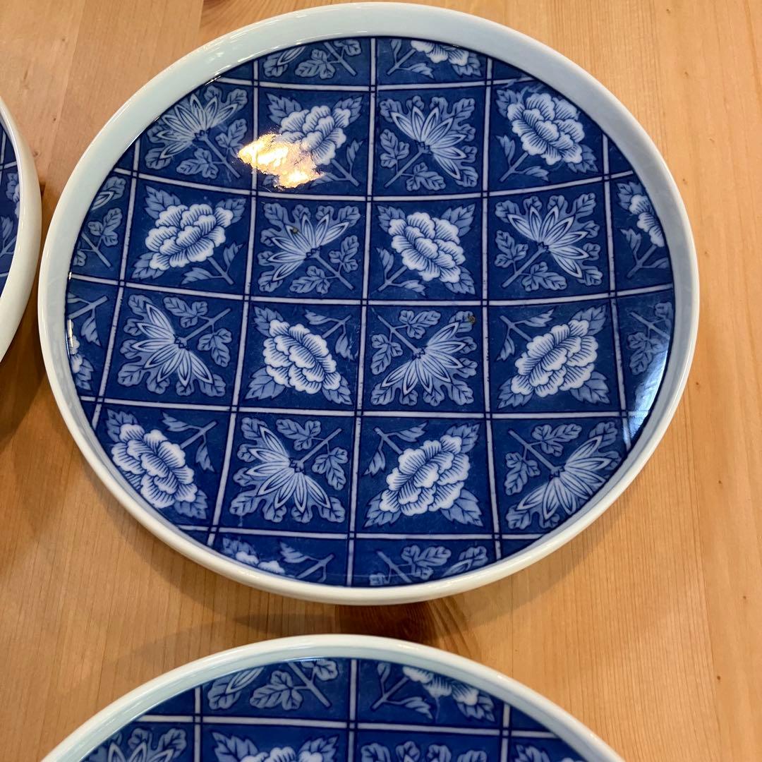 A2G30■オールド香蘭社 染付格子菊牡丹絵 丸皿8枚 取り皿 銘々皿