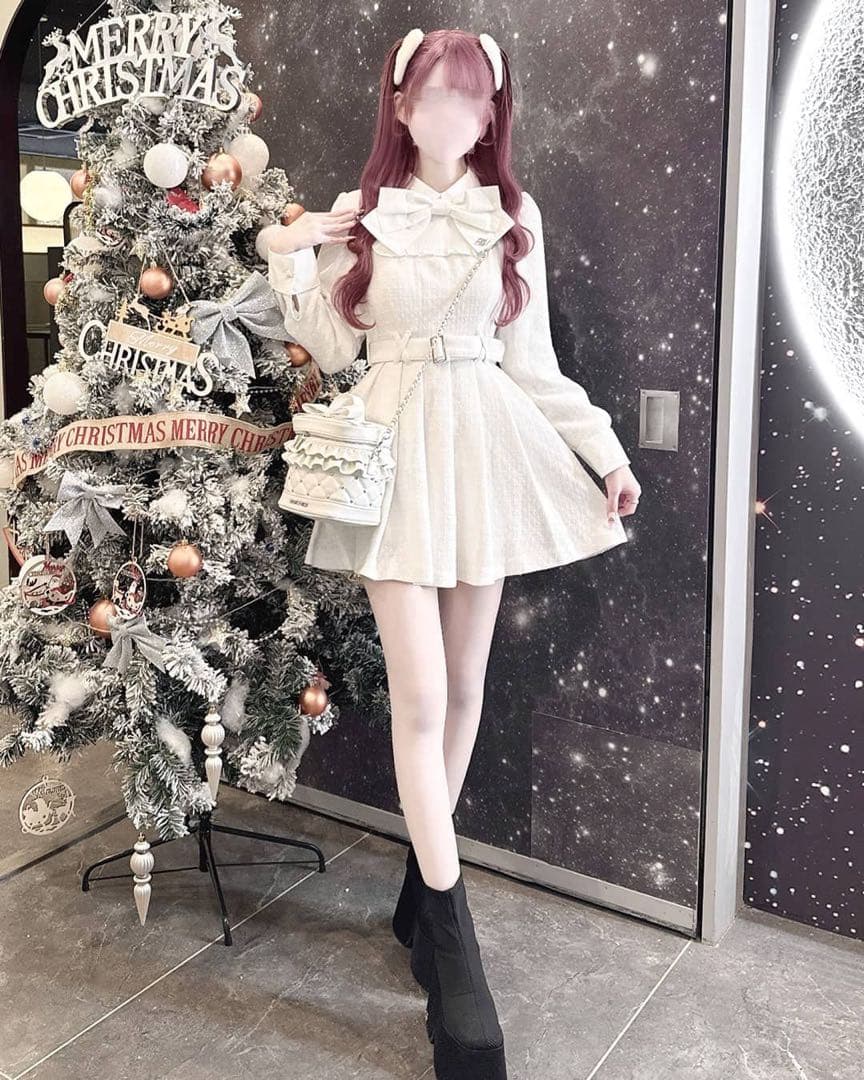 HONEY MEW ハニーミュウ ビッグリボンツイードプリーツワンピース